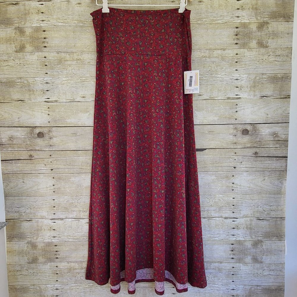 NWT LuLaRoe Maxi Skirt/Dress Large - Paisley Feather Design on Dark Red